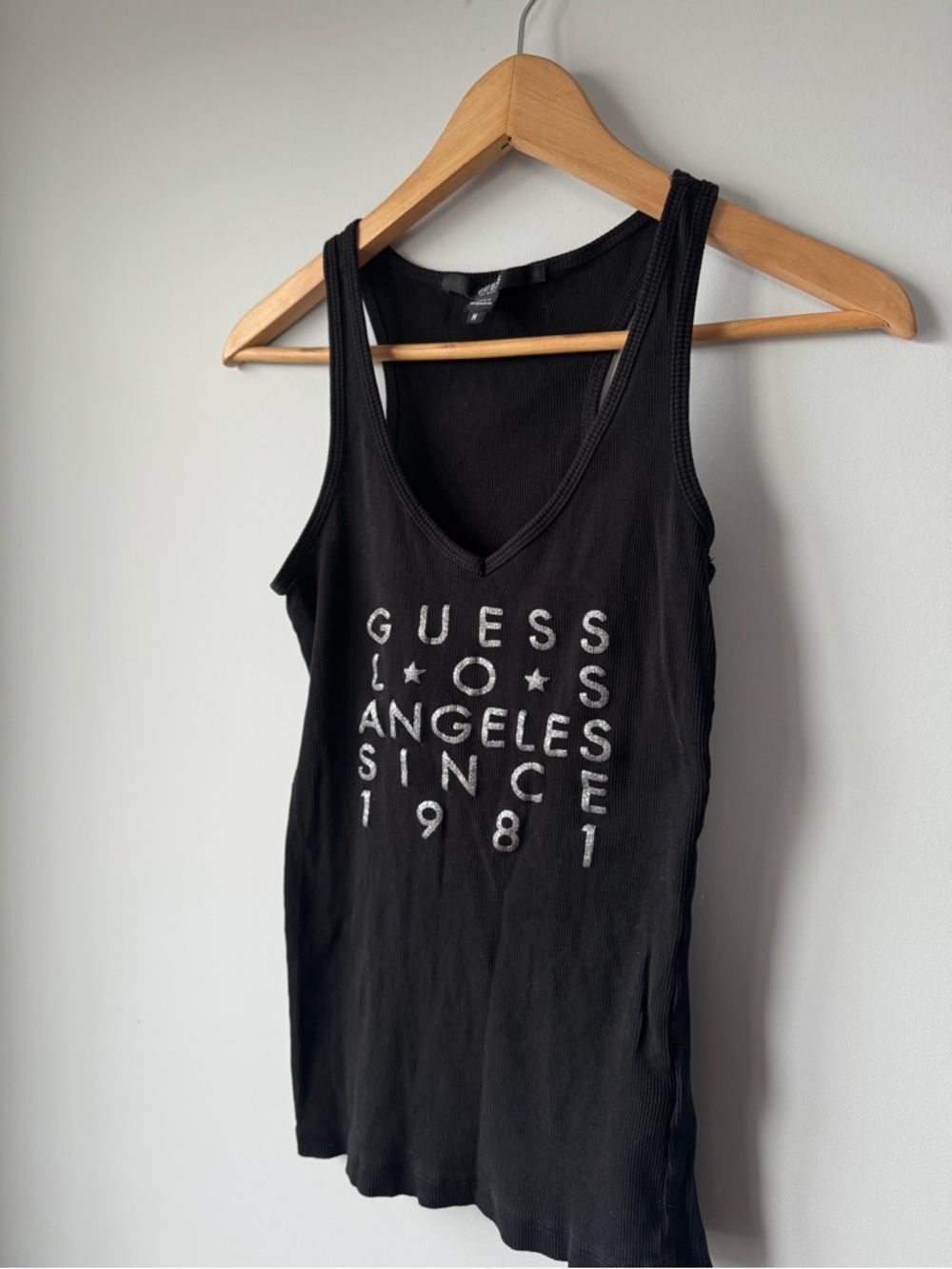 (M) GUESS Black Ribbed Logo Tank Top with Silver Text